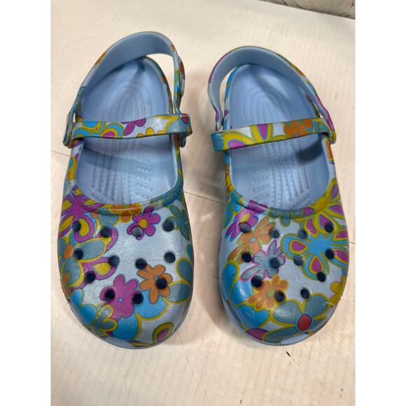 Crocs Classic Clog Flower Power Girls Blue 2-Straps Multi Color Size 7/8 - Picture 1 of 5